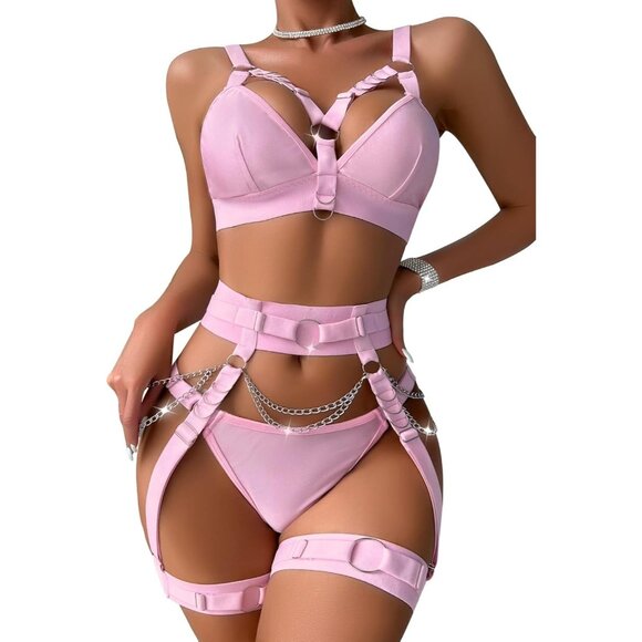 Women's Pink Sexy Chain Strappy Garter Belt Lingerie Set Rave Outfits